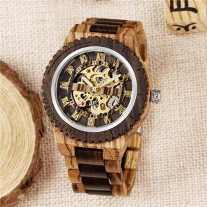 Men's Wooden Watch Skeleton Automatic Movement Wood Watch Self-Winding Watches